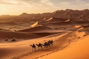 A stunning desert landscape image featuring the golden dunes of the nearby Sahara Desert, with a camel caravan in the distance, evoking the sense of adventure and exploration. Generative Ai photo