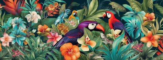 A stylized banner featuring an illustration of a tropical paradise, with exotic flowers such as orchids, hibiscus, and bird of paradise, surrounded by lush greenery. Generative AI photo