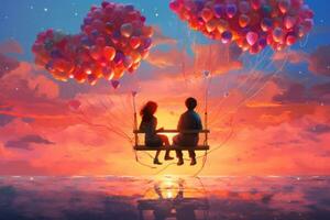 A surreal illustration of a couple sitting on a cloud, with their hearts connected by a string of colorful balloons, vivid sunset sky, representing the joy and happiness found in love. Generative AI photo