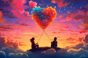 A surreal illustration of a couple sitting on a cloud, with their hearts connected by a string of colorful balloons, vivid sunset sky, representing the joy and happiness found in love. Generative AI photo