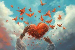 A surreal composition featuring a pair of hands releasing a flock of vibrant, heart-shaped birds into the sky, symbolizing the freedom and boundless possibilities that love brings. Generative AI photo