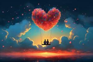 A surreal illustration of a couple sitting on a cloud, with their hearts connected by a string of colorful balloons, vivid sunset sky, representing the joy and happiness found in love. Generative AI photo