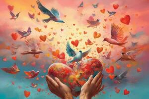 A surreal composition featuring a pair of hands releasing a flock of vibrant, heart-shaped birds into the sky, symbolizing the freedom and boundless possibilities that love brings. Generative AI photo