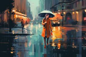 Oil painting on canvas, of a stylish woman with an umbrella wearing a fashionable raincoat and boots walking down a wet city street with reflections of buildings and streetlights. Generative Ai photo