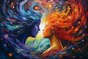 un surrealista composición presentando dos cifras abrazando en medio de un arremolinándose galaxia de vívido colores y estrellas, evocando un sentido de cósmico amor y eterno conexión. generativo ai foto