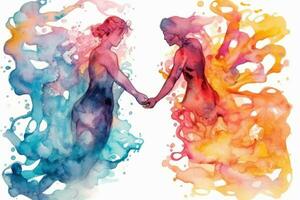 Surreal illustration of two figures floating in a sea of vibrant watercolor swirls, with their hands reaching out to touch, Connection and unity in a deep and meaningful love. Generative Ai photo