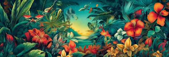 A stylized banner featuring an illustration of a tropical paradise, with exotic flowers such as orchids, hibiscus, and bird of paradise, surrounded by lush greenery. Generative AI photo