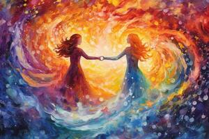 Surreal illustration of two figures floating in a sea of vibrant watercolor swirls, with their hands reaching out to touch, Connection and unity in a deep and meaningful love. Generative Ai photo