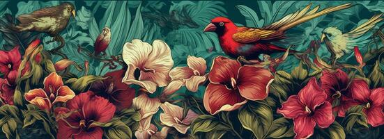 A stylized banner featuring an illustration of a tropical paradise, with exotic flowers such as orchids, hibiscus, and bird of paradise, surrounded by lush greenery. Generative AI photo