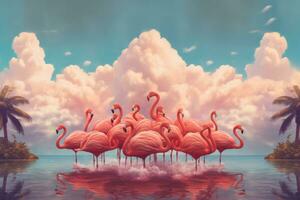 A surreal image of a group of flamingos enjoying a summer day at the beach, surrounded by pink flamingo-shaped clouds and palm trees. Generative AI photo