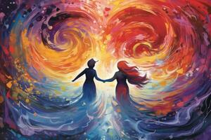 Surreal illustration of two figures floating in a sea of vibrant watercolor swirls, with their hands reaching out to touch, Connection and unity in a deep and meaningful love. Generative Ai photo