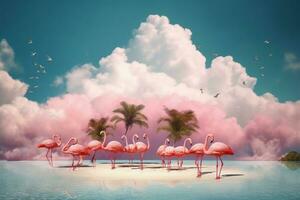 A surreal image of a group of flamingos enjoying a summer day at the beach, surrounded by pink flamingo-shaped clouds and palm trees. Generative AI photo