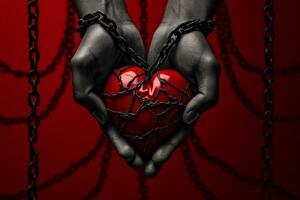 un surrealista imagen de un persona participación un rojo corazón en manos conectado por un cadena, simbolizando el rotura de racial barreras generativo ai foto