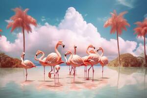 A surreal image of a group of flamingos enjoying a summer day at the beach, surrounded by pink flamingo-shaped clouds and palm trees. Generative AI photo
