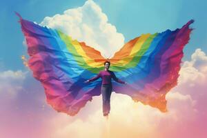 un surrealista imagen de un persona con mariposa alas hecho arriba de el colores de el orgullo bandera, volador mediante un brillante, vistoso cielo. generativo ai foto