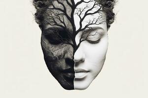 A surreal image of a face with half of it painted white and the other half painted black, with roots growing out of the bottom of the image and intertwining, Concept have the same roots. Generative AI photo