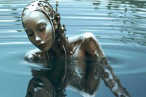A surreal image of a robot woman emerging from a pool of water, with her reflection showing in the water. Generative AI photo