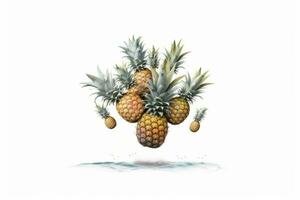 Ananas floating in mid-air, with no visible means of support. The ananas are shown in a variety of shapes and sizes on white background. Generative Ai photo