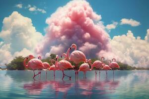 A surreal image of a group of flamingos enjoying a summer day at the beach, surrounded by pink flamingo-shaped clouds and palm trees. Generative AI photo