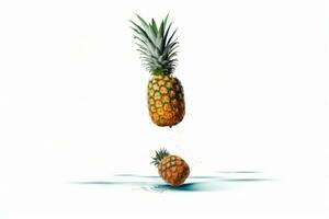 Ananas floating in mid-air. The ananas are shown in a variety of shapes and sizes on white background. Generative Ai photo