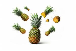 Ananas floating in mid-air. The ananas are shown in a variety of shapes and sizes on white background. Generative Ai photo