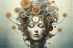 Image of a robot woman head with gears and machinery. Generative AI photo