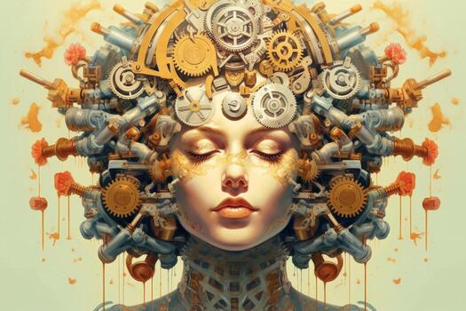 Image of a robot woman head with gears and machinery. Generative AI photo