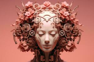 Image of a robot woman head with gears and machinery. Generative AI photo