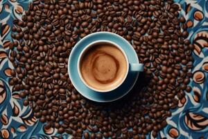 A top-down shot of an espresso cup on a saucer, surrounded by coffee beans arranged in a pattern. Generative AI photo