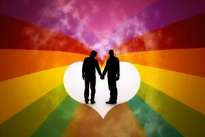 Surreal image of two people, holding hands, surrounded by a rainbow-colored background, symbolizing love and acceptance. Generative AI photo