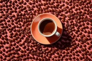 A top-down shot of an espresso cup on a saucer, surrounded by coffee beans arranged in a pattern. Generative AI photo