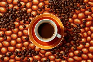 A top-down shot of an espresso cup on a saucer, surrounded by coffee beans arranged in a pattern. Generative AI photo