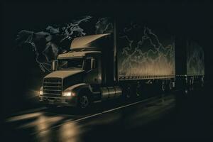 A truck is driving down a road with a world map behind it. The image is dark, but the headlights of the semi truck can be seen. A world map with lines and dots in the background. Generative AI photo