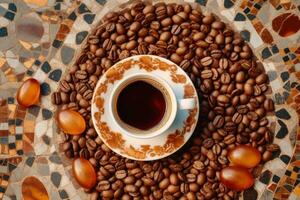 A top-down shot of an espresso cup on a saucer, surrounded by coffee beans arranged in a pattern. Generative AI photo