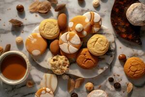 A top-down view of cookies placed on a marble countertop, with ingredients scattered around them, evoking a sense of luxury and elegance. Generative AI photo