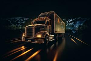 A truck is driving down a road with a world map behind it. The image is dark, but the headlights of the semi truck can be seen. A world map with lines and dots in the background. Generative AI photo