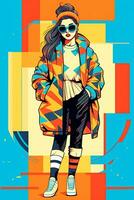 A vector illustration of a person wearing 80s fashion, featuring bold patterns, bright colors, and iconic elements like leg warmers and oversized sunglasses. Generative Ai photo