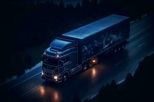 A truck is driving down a road with a world map behind it. The image is dark, but the headlights of the semi truck can be seen. A world map with lines and dots in the background. Generative AI photo