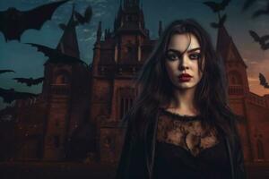 A vampire woman with sharp fangs and beautiful eyes, standing in front of a Gothic castle with bats flying in the background. Generative AI photo