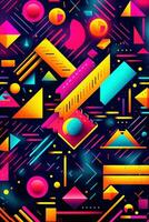 A vibrant and colorful poster background featuring geometric shapes, neon lights, and bold typography reminiscent of 90s rave flyers. Generative AI photo