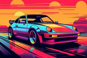 A vector illustration of a retro sports car with bold lines, vibrant colors, and a futuristic aesthetic, representing the iconic cars of the 80s. Generative AI photo