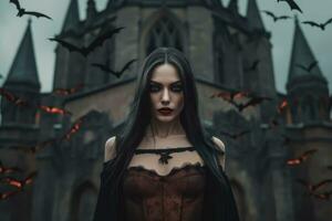 A vampire woman with sharp fangs and beautiful eyes, standing in front of a Gothic castle with bats flying in the background. Generative AI photo