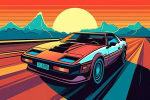 A vector illustration of a retro sports car with bold lines, vibrant colors, and a futuristic aesthetic, representing the iconic cars of the 80s. Generative AI photo