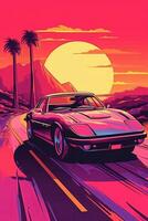 A vector illustration of a retro sports car with bold lines, vibrant colors, and a futuristic aesthetic, representing the iconic cars of the 80s. Generative AI photo