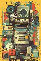 A vector collage poster of retro objects such as cassette tapes, floppy disks, and vintage electronics, creating a nostalgic atmosphere. Generative AI photo