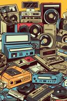 A vector collage poster of retro objects such as cassette tapes, floppy disks, and vintage electronics, creating a nostalgic atmosphere. Generative AI photo