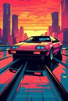 A vector illustration of a retro sports car with bold lines, vibrant colors, and a futuristic aesthetic, representing the iconic cars of the 80s. Generative AI photo