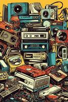 A vector collage poster of retro objects such as cassette tapes, floppy disks, and vintage electronics, creating a nostalgic atmosphere. Generative AI photo