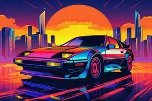 A vector illustration of a retro sports car with bold lines, vibrant colors, and a futuristic aesthetic, representing the iconic cars of the 80s. Generative AI photo