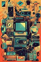 A vector collage poster of retro objects such as cassette tapes, floppy disks, and vintage electronics, creating a nostalgic atmosphere. Generative AI photo